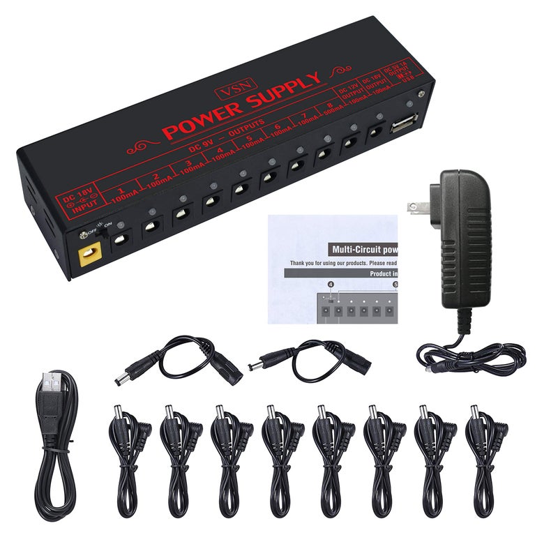VSN Guitar Pedal Power Supply 10 Isolated DC Output for Power Supply 9V/12V/18V DC Outputs & USB Charging Port with Short Circuit/Overcurrent Protect - Image 1